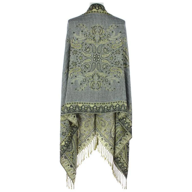 Paisley Grey Green & Black Metallic Pashmina Scarf (PA038-17) - Image 3